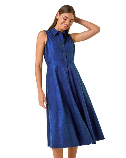 Roman Blue Embroidered Buttoned Midi Dress