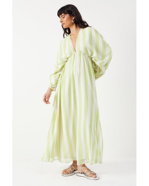 Warehouse White Stripe Chiffon Pleat Plunge Neck Batwing Midaxi Dress