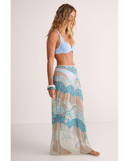 Nasty Gal Blue Starfish Wave Beaded Sheer Maxi Beach Skirt