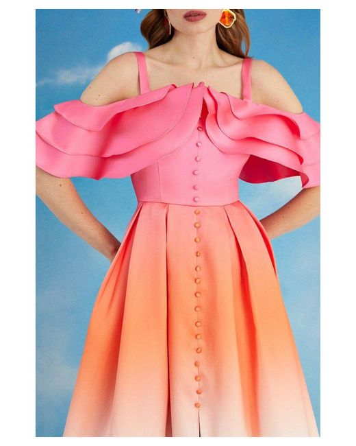 Coast Pink Ruffle Sleeve Ombre Midi Dress