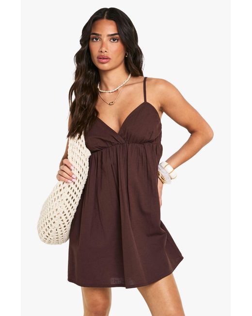 Boohoo Brown Petite Linen Look Cami Swing Mini Dress
