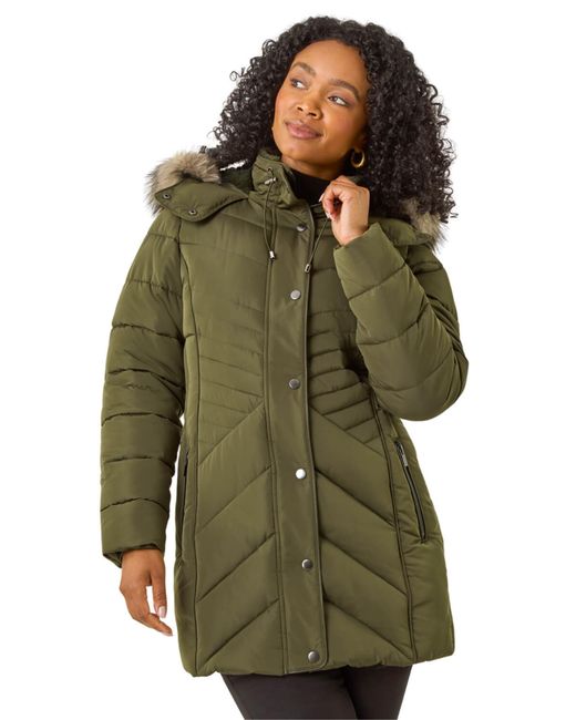 Roman Green Petite Hooded Longline Quilted Coat