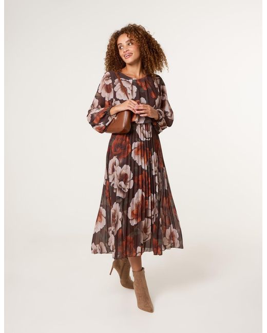 Blue Vanilla Brown Large Watercolour Floral Scoop Neck Puffball Pleated Dress