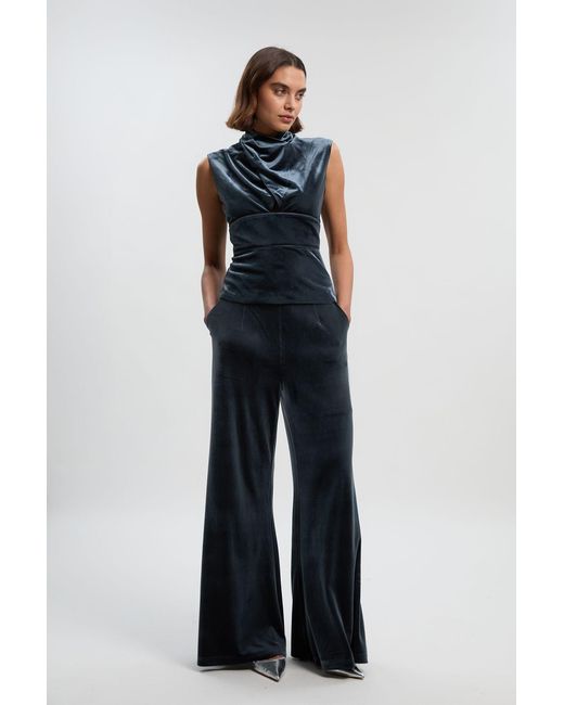 Karen Millen Blue Velvet Woven Wide Leg Trouser