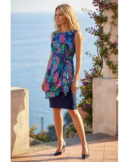 Roman Blue Petite Tropical Asymmetric Frill Dress