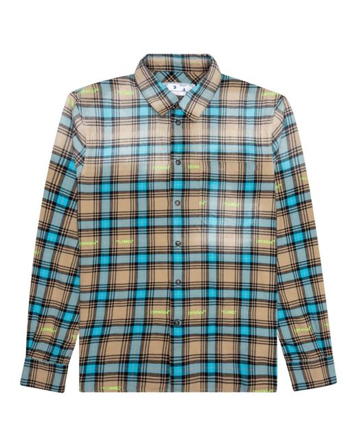Off-White c/o Virgil Abloh Blue Helvetica Pattern Camel Flannel Shirt Cotton for men