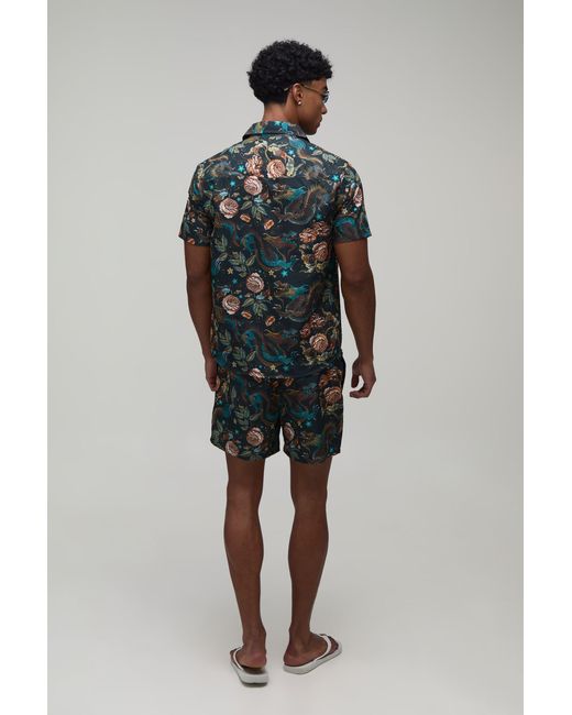 BoohooMAN Black Dragon Print Regular Fit Shirt & Short Set for men