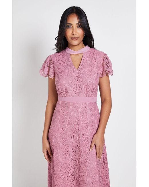 Wallis Pink Petite Lace Tie Neck Midi Dress