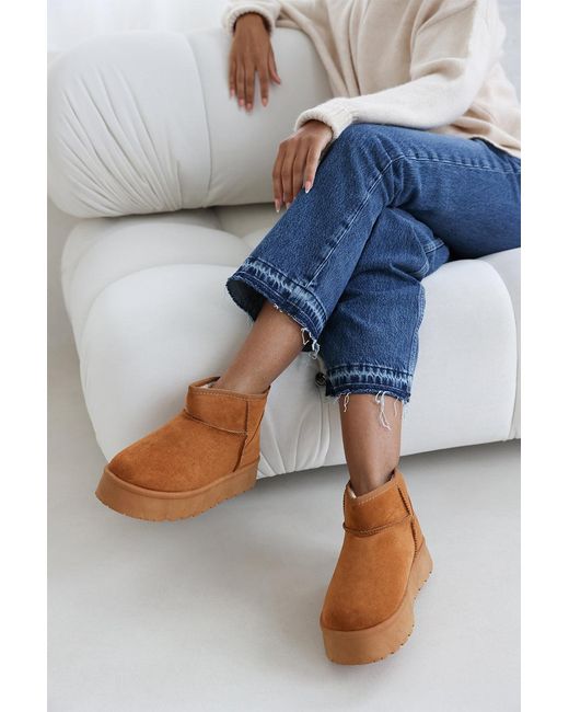 Where's That From Blue Wheres 'Suri' Mini Faux-Suede Fur Lined Platform Ankle Slipper Boots
