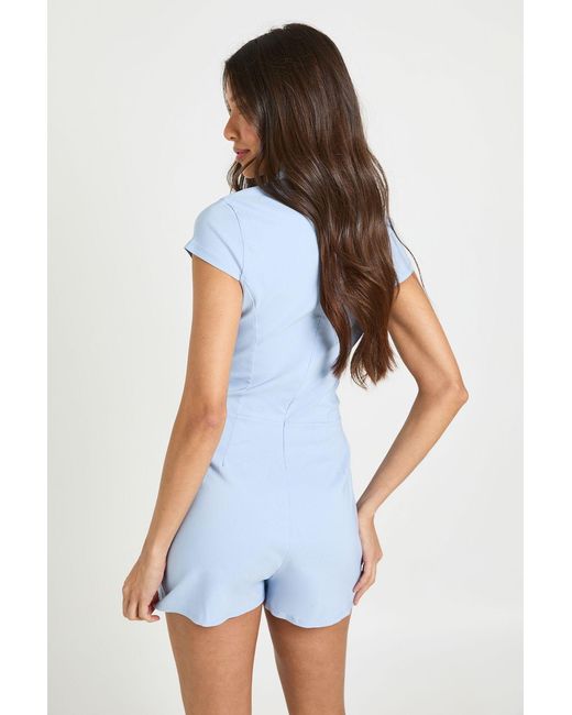 Boohoo Blue Keyhole Detail High Neck Playsuit