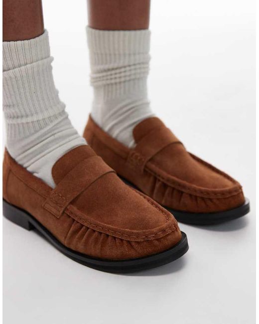 TOPSHOP Brown Carey Suede Loafers With Ruched Detail