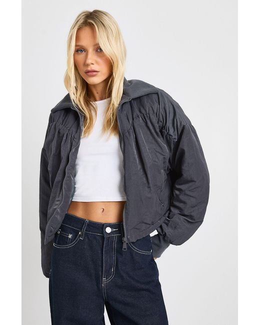 Boohoo Blue Ruched Bomber Jacket