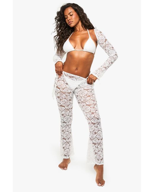 Boohoo White Premium Bridal Lace Wide Leg Beach Pants