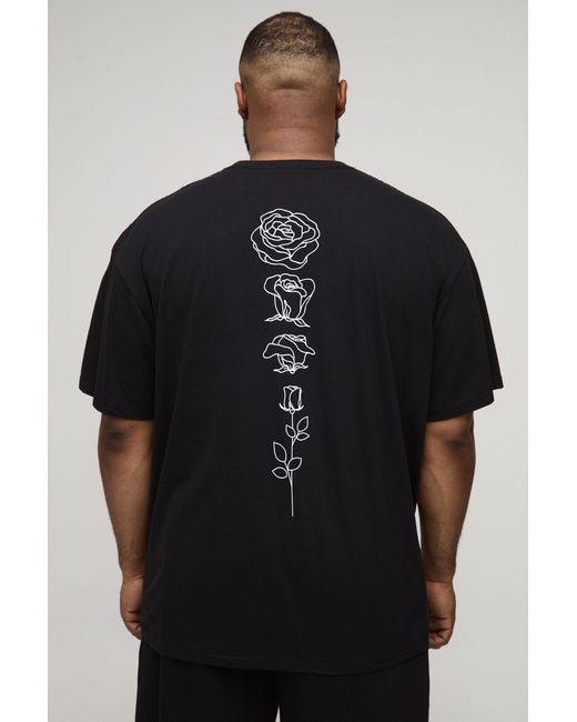 BoohooMAN Black Plus Oversized Floral Line Drawing Print T-Shirt for men