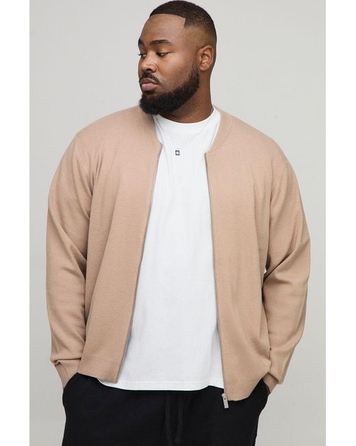 BoohooMAN Natural Plus Basic Regular Fit Knitted Bomber Jacket for men