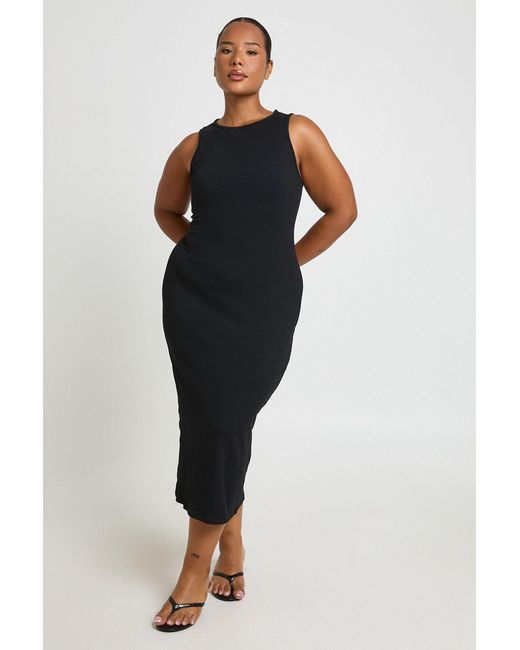 Boohoo Black Plus Basic Rib Racer Neck Midi Dress