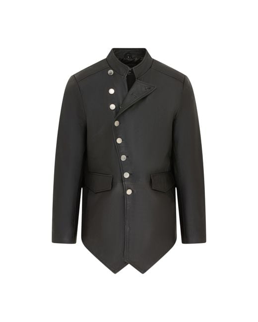 Infinity Leather Black Mandarin Military Assymetrical Jacket for men