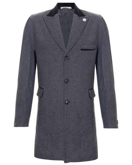 TruClothing Blue 3/4 Long Crombie Overcoat Jacket Herringbone Tweed Coat Peaky Blinder for men