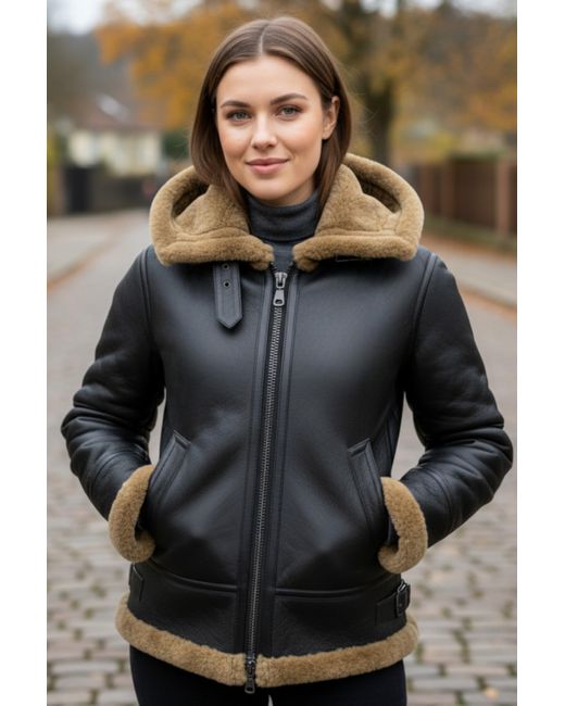 Infinity Leather Black Ginger Hooded Sheepskin Flying Bomber Jacket