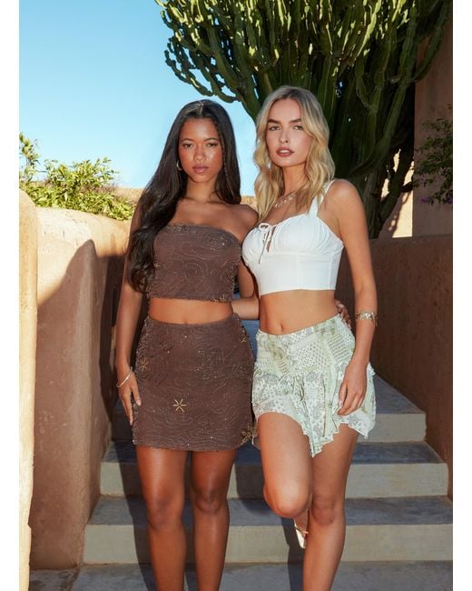 Pink Vanilla Brown Tie Front Milkmaid Crop Top