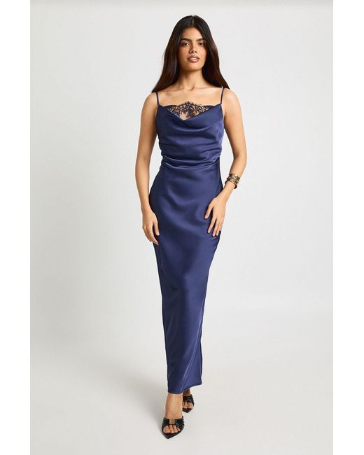Boohoo Blue Satin Lace Cowl Neck Maxi Slip Dress