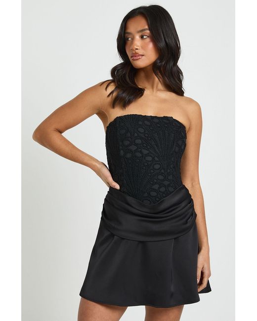 Boohoo Black Petite Textured Sheer Floral Lace Corset Drape Mini Dress