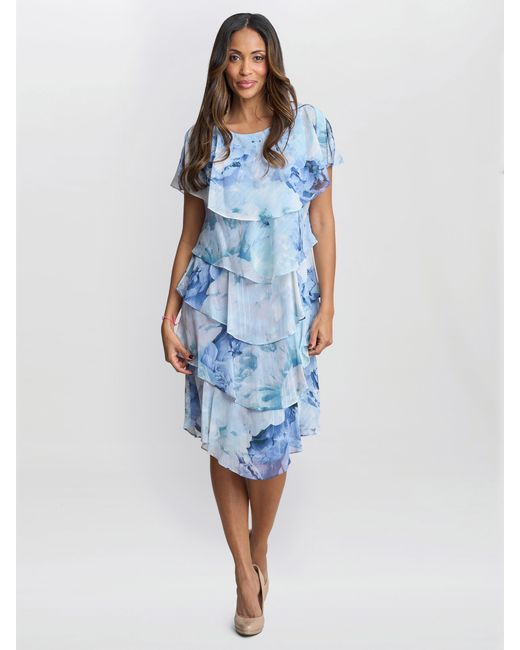 Gina Bacconi Blue Rosanna Printed Tiered Dress With Shoulder Embellishment