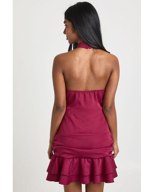 Boohoo Red Halterneck Ruched Drop Hem Mini Dress