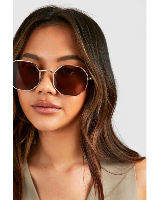 Boohoo Brown Hexagon Metal Frame Sunglasses
