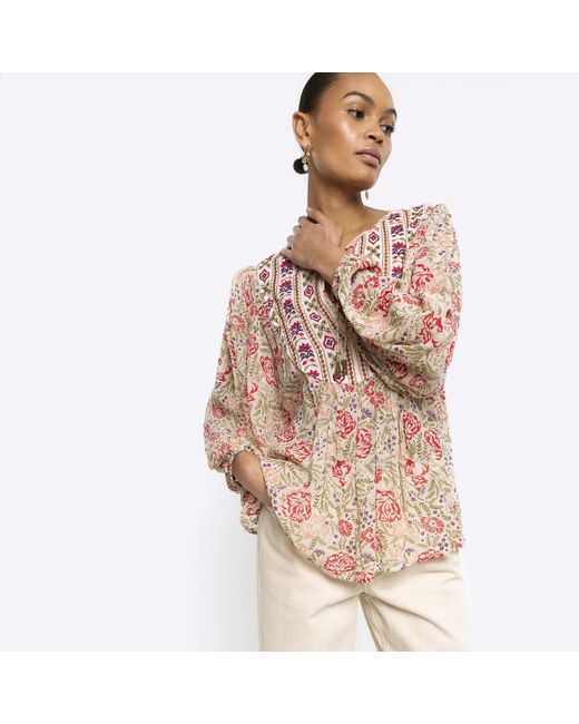 River Island Pink Smock Top Floral Embroidered