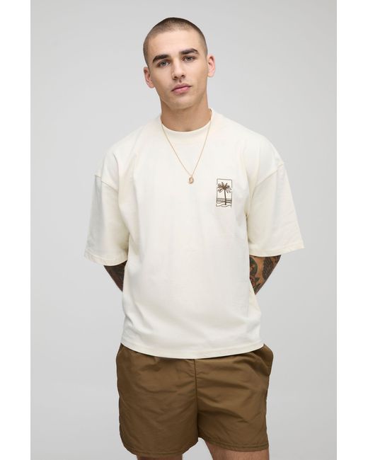 BoohooMAN Natural Oversized Palm Tree Embroidered T-shirt for men
