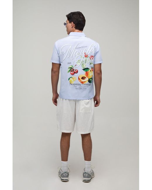 BoohooMAN Blue Boxy Crop Stripe Back Fruit Print Half Sleeve Shirt for men