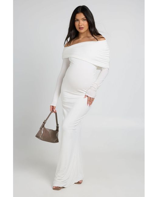 Boohoo White Maternity Double Slinky Bardot Long Sleeve Maxi Dress