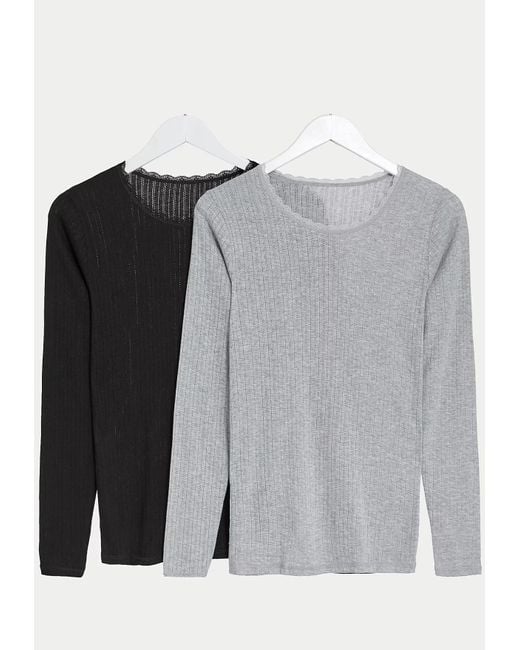 Marks & Spencer Gray M&S Pack Of 2 Thermal Pointelle Long Sleeve Tops