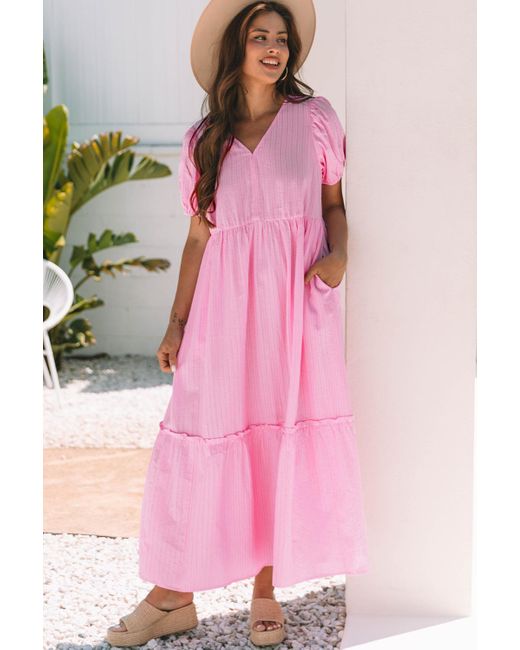 Azura Exchange Gelaagde Maxi-jurk Met Pofmouwen in het Pink