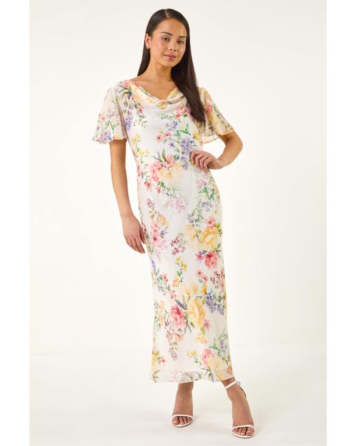 Roman White Petite Floral Cowl Neck Midi Dress