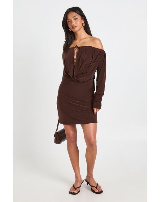 Boohoo Red Petite Slinky Bardot Drape Front Bodycon Dress