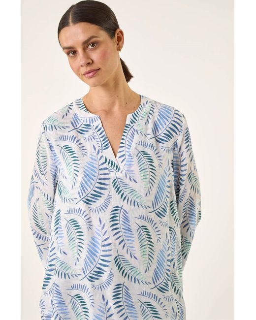 Roman Blue Leaf Print Wrap Hem Tunic Top