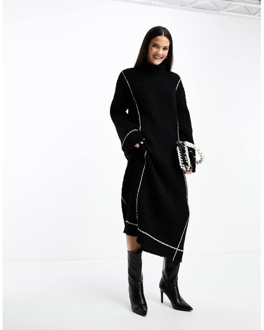 Y.A.S Black High Neck Knitted Jumper Midi Dress