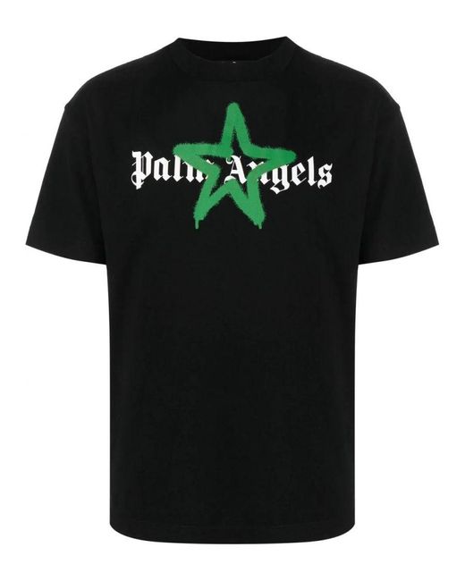 Palm Angels Green Star Sprayed Logo-print T-shirt Zwart in het Black voor heren