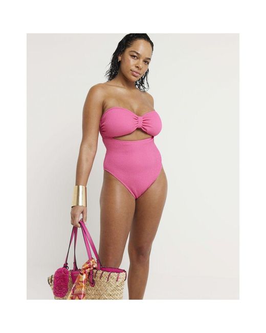 River Island Pink Swimsuit Fuller Bust Textured Bandeau Nylon