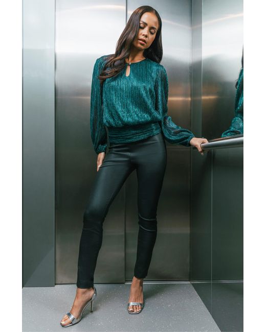 Roman Blue Petite Crinkle Keyhole Shimmer Top
