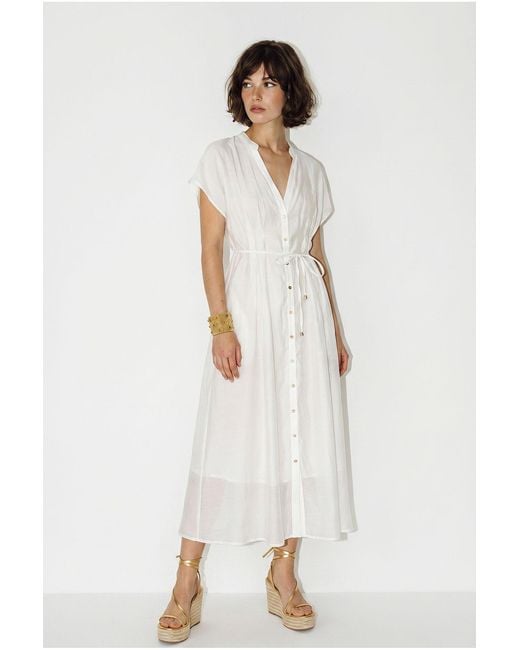 Bianco Lucci White A-Line Midi Dress With V-Neck And Buttons