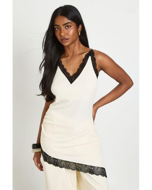 Boohoo White Crinkle Lace Trim Long Line Asymetric Cami Top