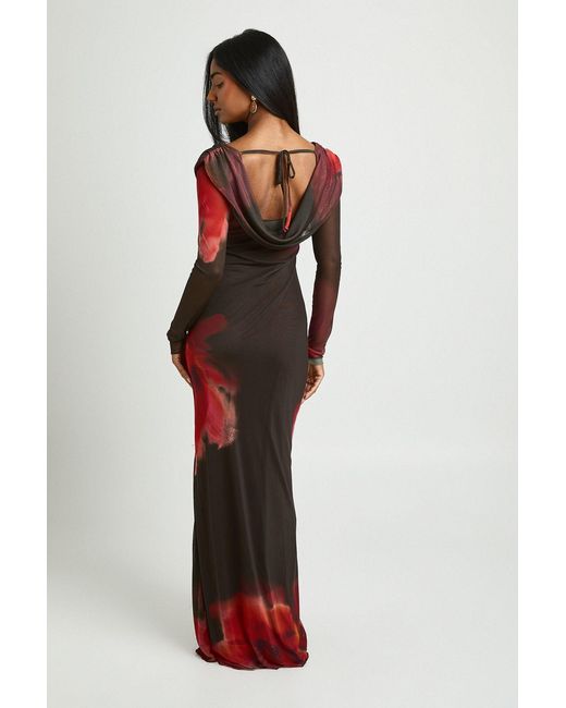 Boohoo Red Floral Mesh Wide Cowl Printed Maxi Dress
