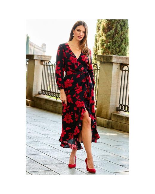 Sosandar White Floral Print Ruffle Hem Midi Wrap Dress