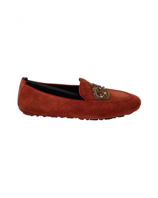 Dolce & Gabbana Red Leather Crystal Crown Loafers Shoes for men