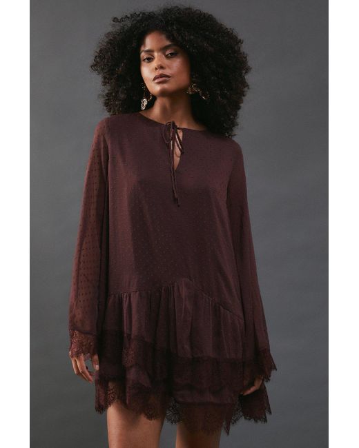 Warehouse Brown Dobby Chiffon Tie Neck Lace Hem Mini Dress