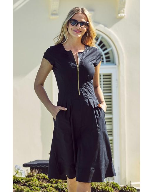 Sosandar Blue Zip Front Fit & Flare Dress With Pockets Cotton