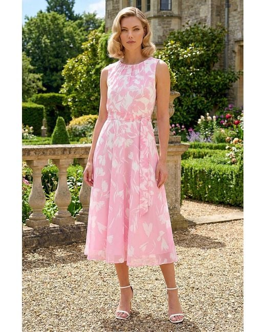 Roman Green Floral Chiffon Pleat Neck Dress